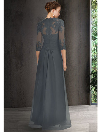 Two Piece Sheath / Column Mother of the Bride Dress Elegant High Low Bateau Neck Asymmetrical Chiffon Lace 3/4 Length Sleeve Jacket Dresses with Draping Crystal Brooch
