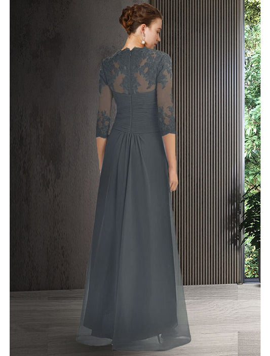 Two Piece Sheath / Column Mother of the Bride Dress Elegant High Low Bateau Neck Asymmetrical Chiffon Lace 3/4 Length Sleeve Jacket Dresses with Draping Crystal Brooch