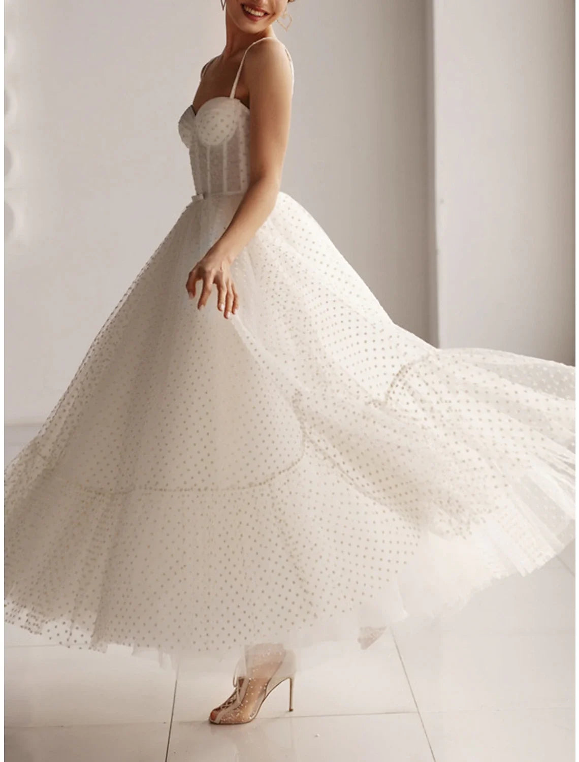 Reception Little White Dresses Wedding Dresses A-Line Sweetheart Camisole Spaghetti Strap Ankle Length Tulle Bridal Gowns With Bow(s)