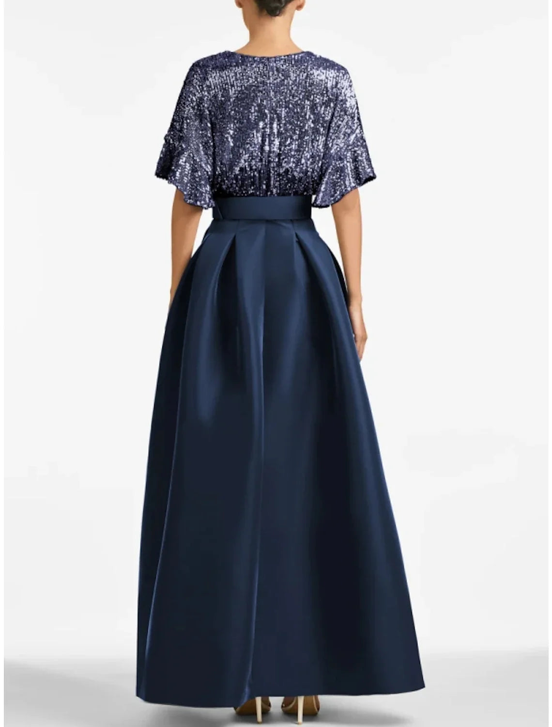A-Line Evening Gown Sparkle & Shine Dress Formal Wedding Guest Ankle Length Half Sleeve V Neck Satin with Glitter Pleats 2026