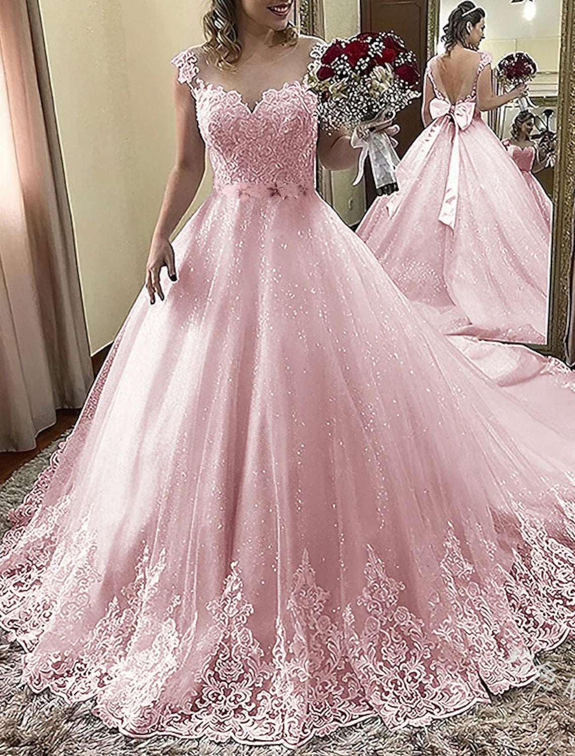 Engagement Formal Wedding Dresses Ball Gown Illusion Neck Cap Sleeve Court Train Lace Bridal Gowns With Bow(s) Appliques