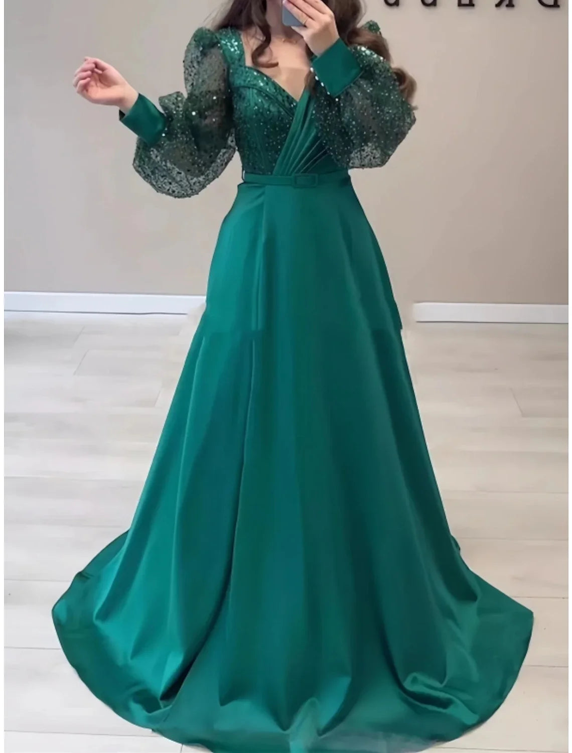 A-Line Evening Gown Sparkle & Shine Black Dress Formal Fall Sweep / Brush Train Long Sleeve V Neck Satin with Glitter Pleats Strappy 2026