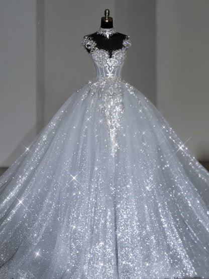 Unique Bridal Dress Ball Gowns Scoop White Sequin Long Wedding Dress Luxury Bride Dresses Bridal Gown