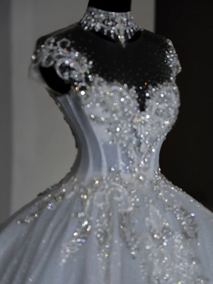 Unique Bridal Dress Ball Gowns Scoop White Sequin Long Wedding Dress Luxury Bride Dresses Bridal Gown