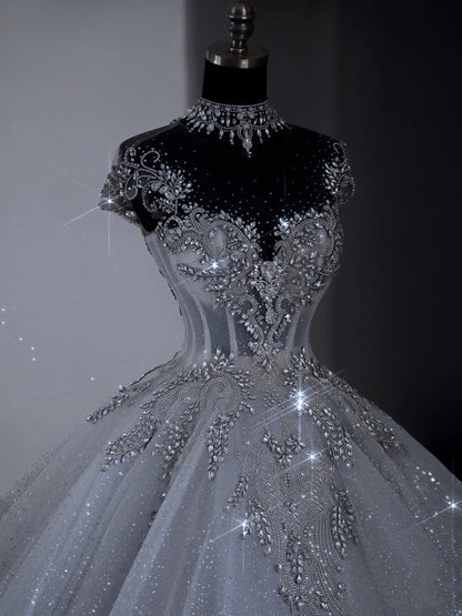 Unique Bridal Dress Ball Gowns Scoop White Sequin Long Wedding Dress Luxury Bride Dresses Bridal Gown