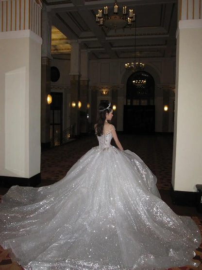 Unique Bridal Dress Ball Gowns Scoop White Sequin Long Wedding Dress Luxury Bride Dresses Bridal Gown