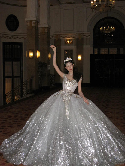 Unique Bridal Dress Ball Gowns Scoop White Sequin Long Wedding Dress Luxury Bride Dresses Bridal Gown