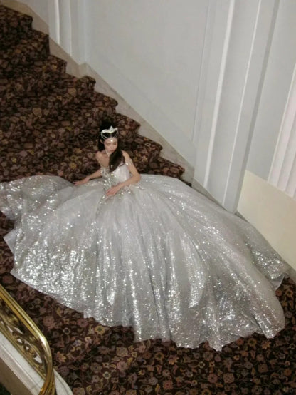 Unique Bridal Dress Ball Gowns Scoop White Sequin Long Wedding Dress Luxury Bride Dresses Bridal Gown