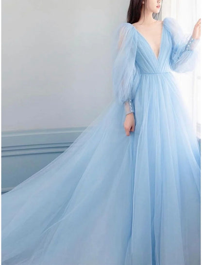 A-Line Prom Dresses Luxurious Dress Engagement Prom Watteau Train Long Sleeve V Neck Tulle V Back with Sleek Pure Color 2025