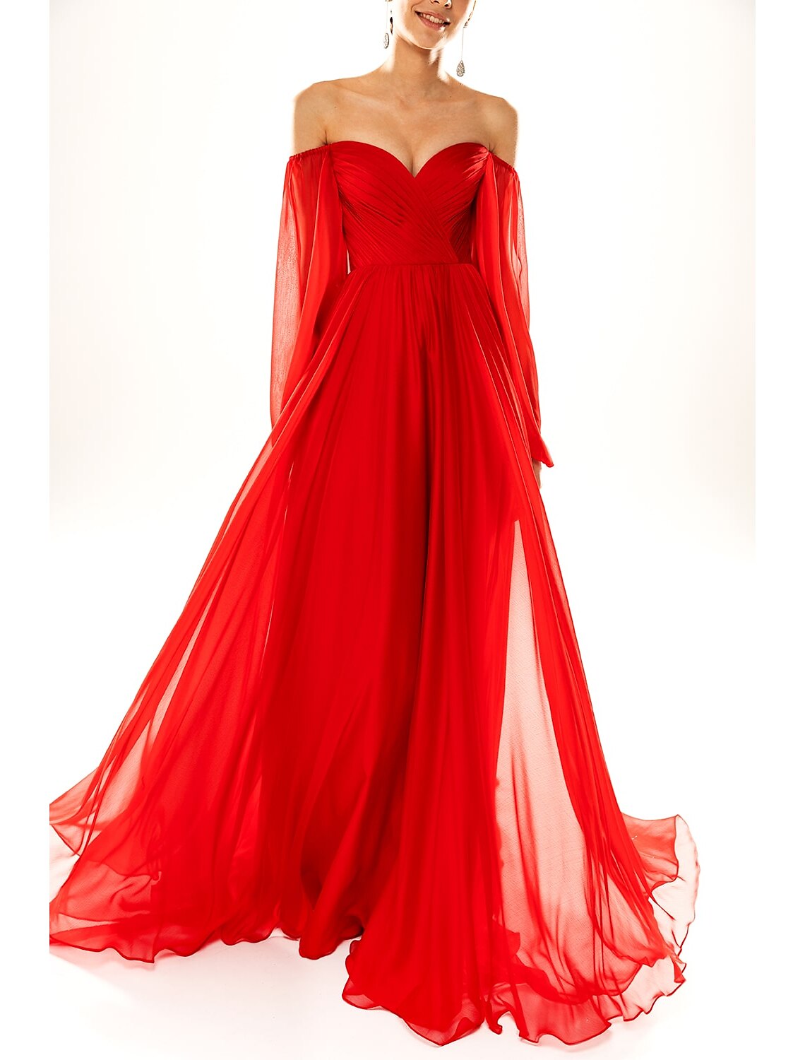 A-Line Party Dress Elegant Sexy Formal Evening Dress Strapless Long Sleeve Court Train Chiffon with Pleats 2026