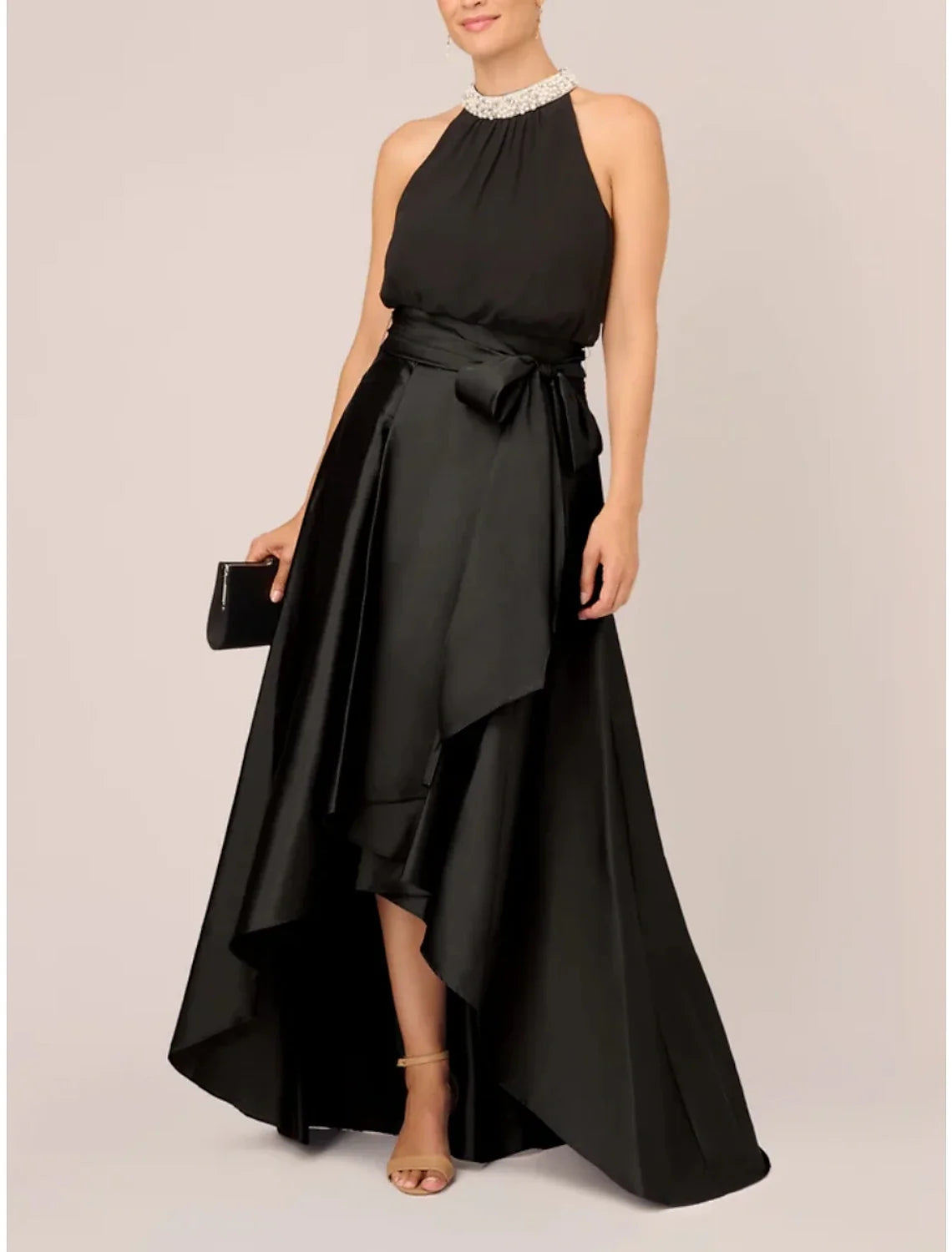 A-Line Wedding Guest Dresses Party Dress Formal Black Dress Plus Size Asymmetrical Sleeveless Jewel Neck Satin with Bow(s) Pleats Crystals 2025