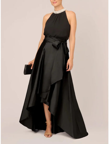 A-Line Wedding Guest Dresses Party Dress Formal Black Dress Plus Size Asymmetrical Sleeveless Jewel Neck Satin with Bow(s) Pleats Crystals 2025