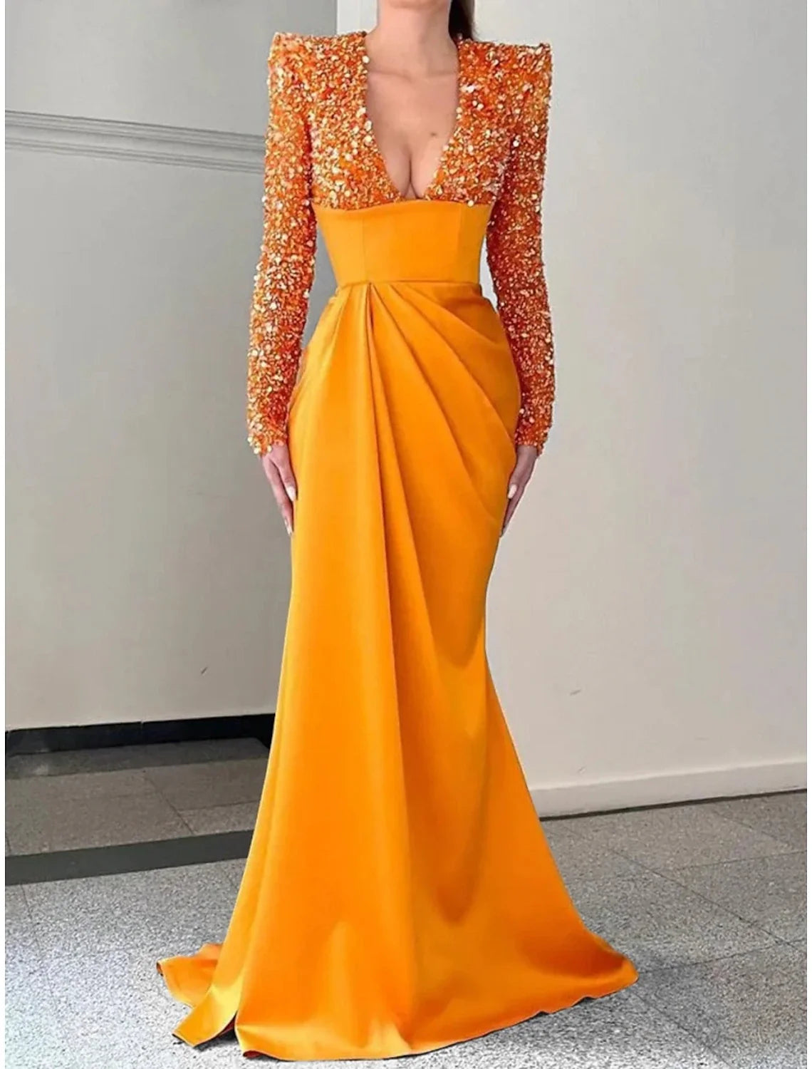 Mermaid / Trumpet Evening Gown Champagne Sparkle & Shine Dress Formal Sweep / Brush Train Long Sleeve V Neck Satin with Pleats Sequin 2026