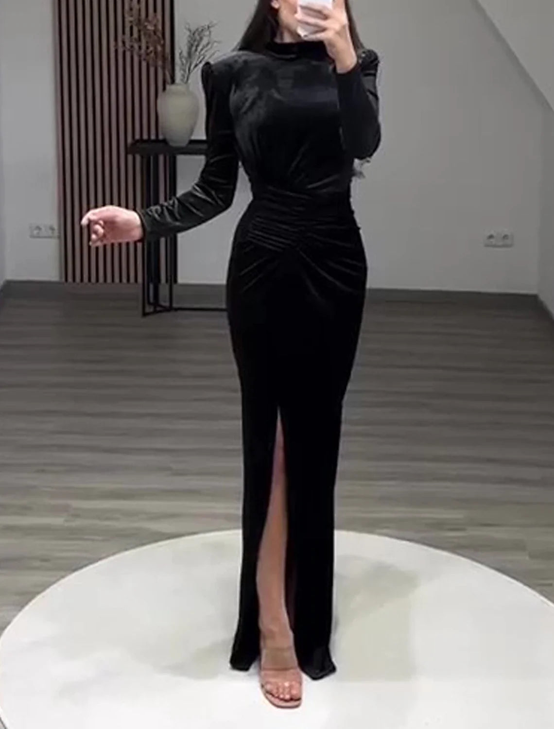Sheath / Column Evening Gown Elegant Dress Formal Cocktail Party Floor Length Long Sleeve High Neck with Slit