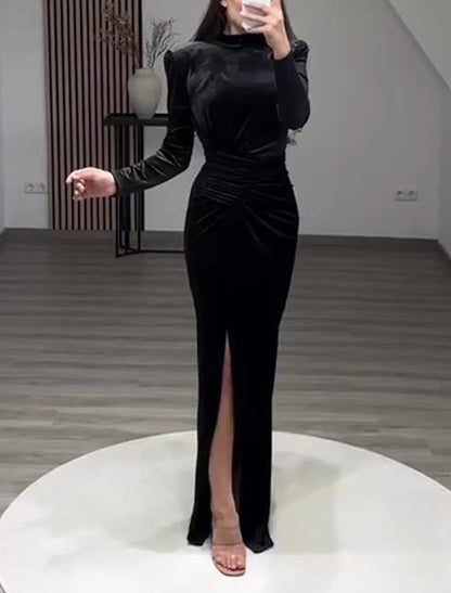 Sheath / Column Evening Gown Elegant Dress Formal Cocktail Party Floor Length Long Sleeve High Neck with Slit