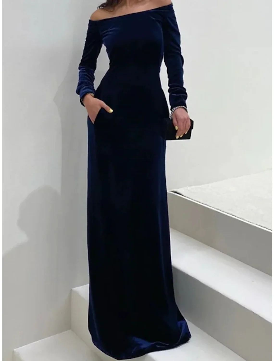 Sheath / Column Wedding Guest Dresses Maxi Dress Formal Black Tie Gala Floor Length Long Sleeve Off Shoulder Velvet with Pure Color