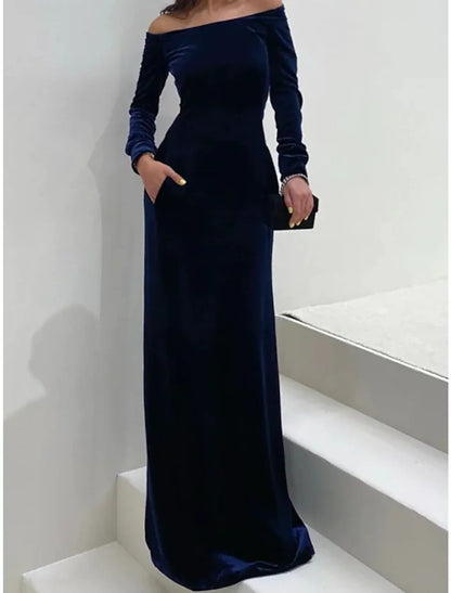 Sheath / Column Wedding Guest Dresses Maxi Dress Formal Black Tie Gala Floor Length Long Sleeve Off Shoulder Velvet with Pure Color