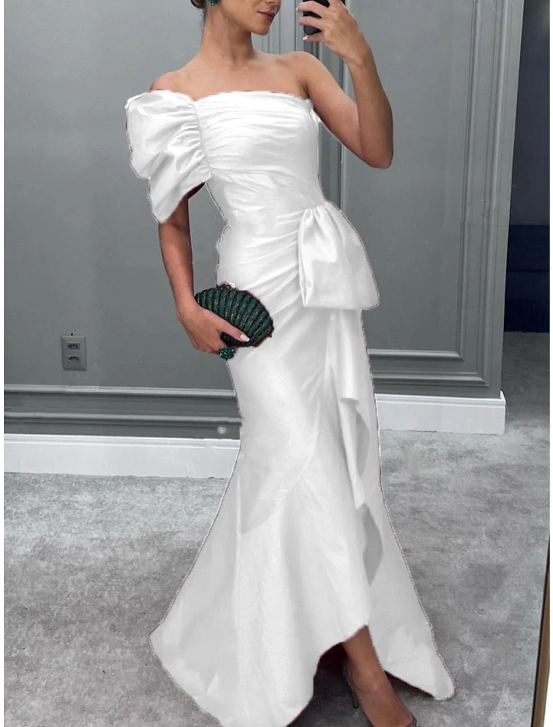 Mermaid / Trumpet Evening Gown Elegant Dress Formal Christmas Red Green Dress Sweep / Brush Train Short Sleeve One Shoulder Satin with Ruched Ruffles 2026