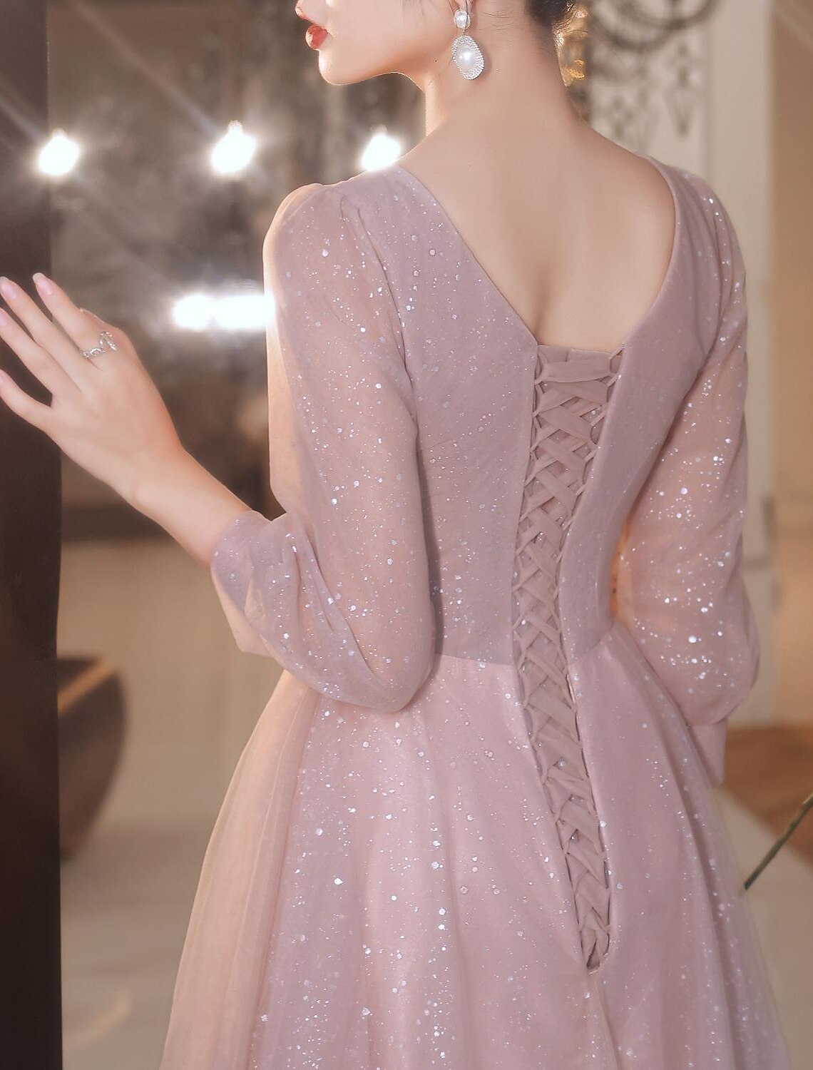 A-Line Beautiful Back Elegant Prom Formal Evening Dress V Neck V Back 3/4 Length Sleeve Floor Length Lace with Appliques 2026