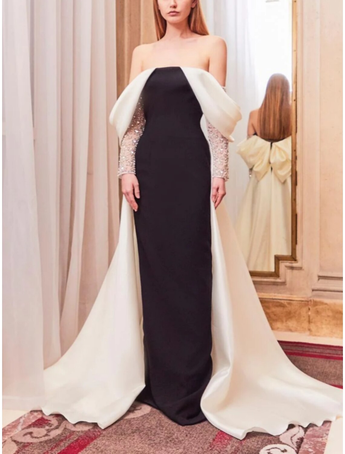 Sheath Black Dress Evening Gown Elegant Dress Formal Court Train Long Sleeve Strapless Satin with Pleats Ruched Sequin