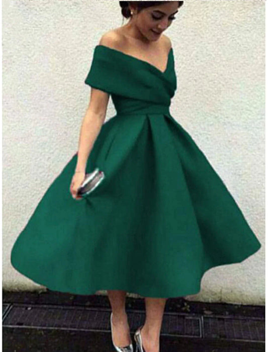 A-Line Cocktail Dresses 1950s Dress Wedding Guest Homecoming Tea Length Short Sleeve V Neck Fabric V Back with Pleats