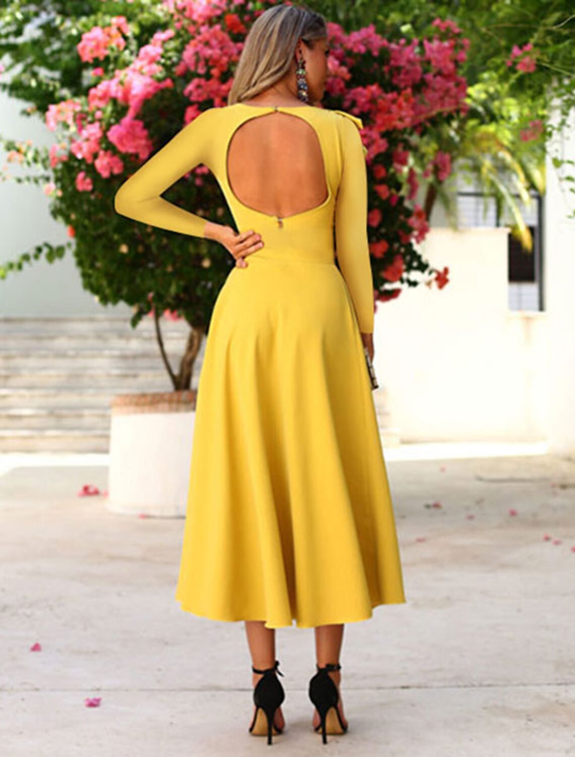 A-Line Cocktail Dresses Open Back Dress Party Wear Wedding Guest Tea Length Long Sleeve One Shoulder Fabric with Ruffles 2026