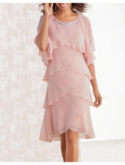 Two Piece Sheath / Column Mother of the Bride Dress Formal Fall Wedding Guest Elegant High Low Scoop Neck Asymmetrical Knee Length Chiffon Sleeveless Wrap Included with Tier