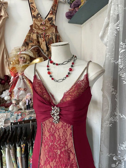 V Neck Lace Burgundy Long Prom Dresses Mermaid Prom Gowns