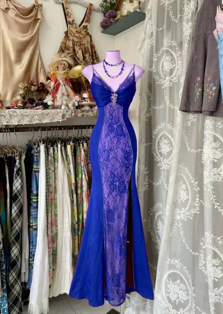 V Neck Lace Burgundy Long Prom Dresses Mermaid Prom Gowns