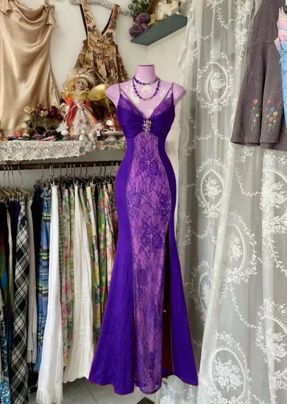 V Neck Lace Burgundy Long Prom Dresses Mermaid Prom Gowns