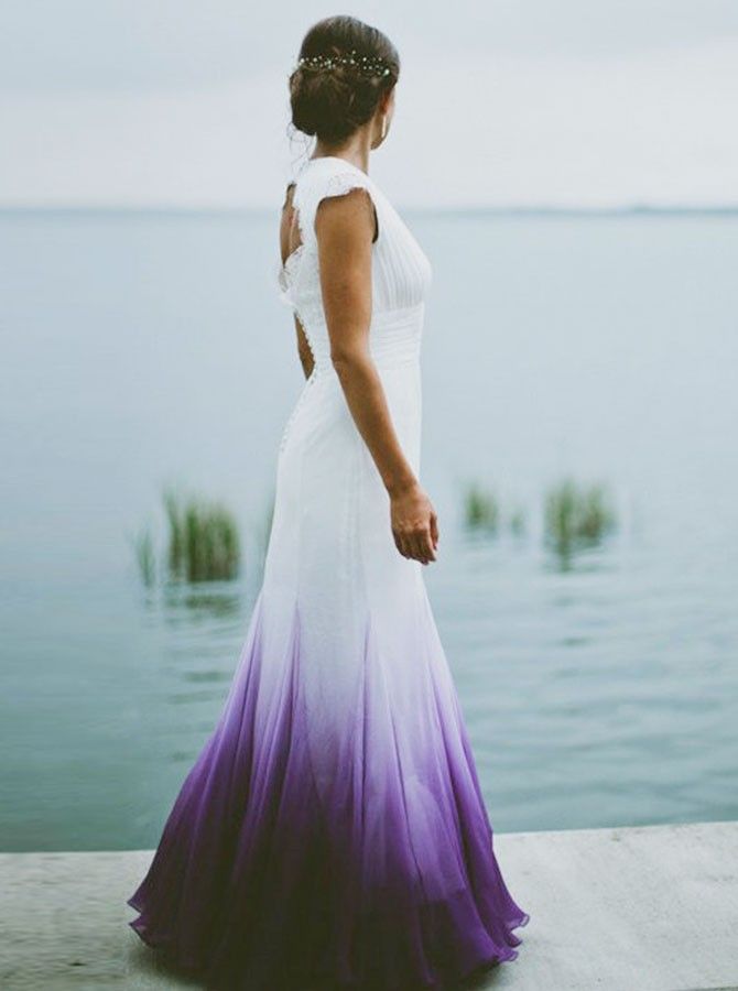 V Neck Ombre Prom Dresses, A Line Wedding Prom Gowns