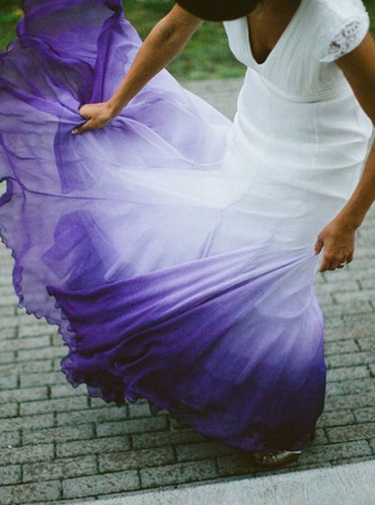V Neck Ombre Prom Dresses, A Line Wedding Prom Gowns