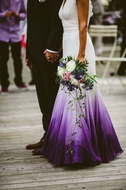 V Neck Ombre Prom Dresses, A Line Wedding Prom Gowns