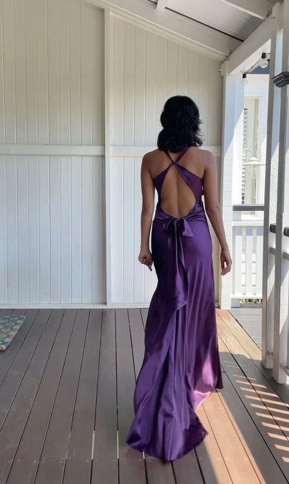 V-Neck Purple Satin And Floor Length Prom Dresses Prom Gowns