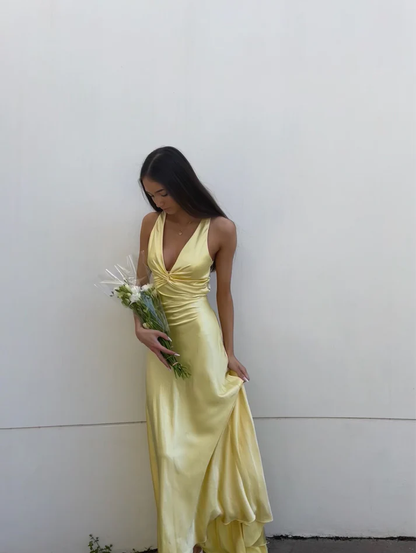 V-Neck Purple Satin And Floor Length Prom Dresses Prom Gowns