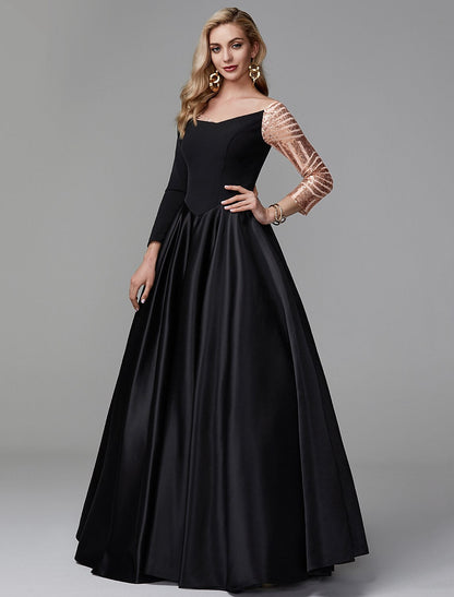 Ball Gown Black Dress Vintage Quinceanera Formal Evening Floor Length Long Sleeve Off Shoulder Satin with Sequin 2026