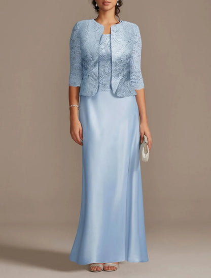 Sheath / Column Mother of the Bride Dress Wedding Guest Elegant Scoop Neck Floor Length Polyester 3/4 Length Sleeve Short Jacket Dresses with Lace