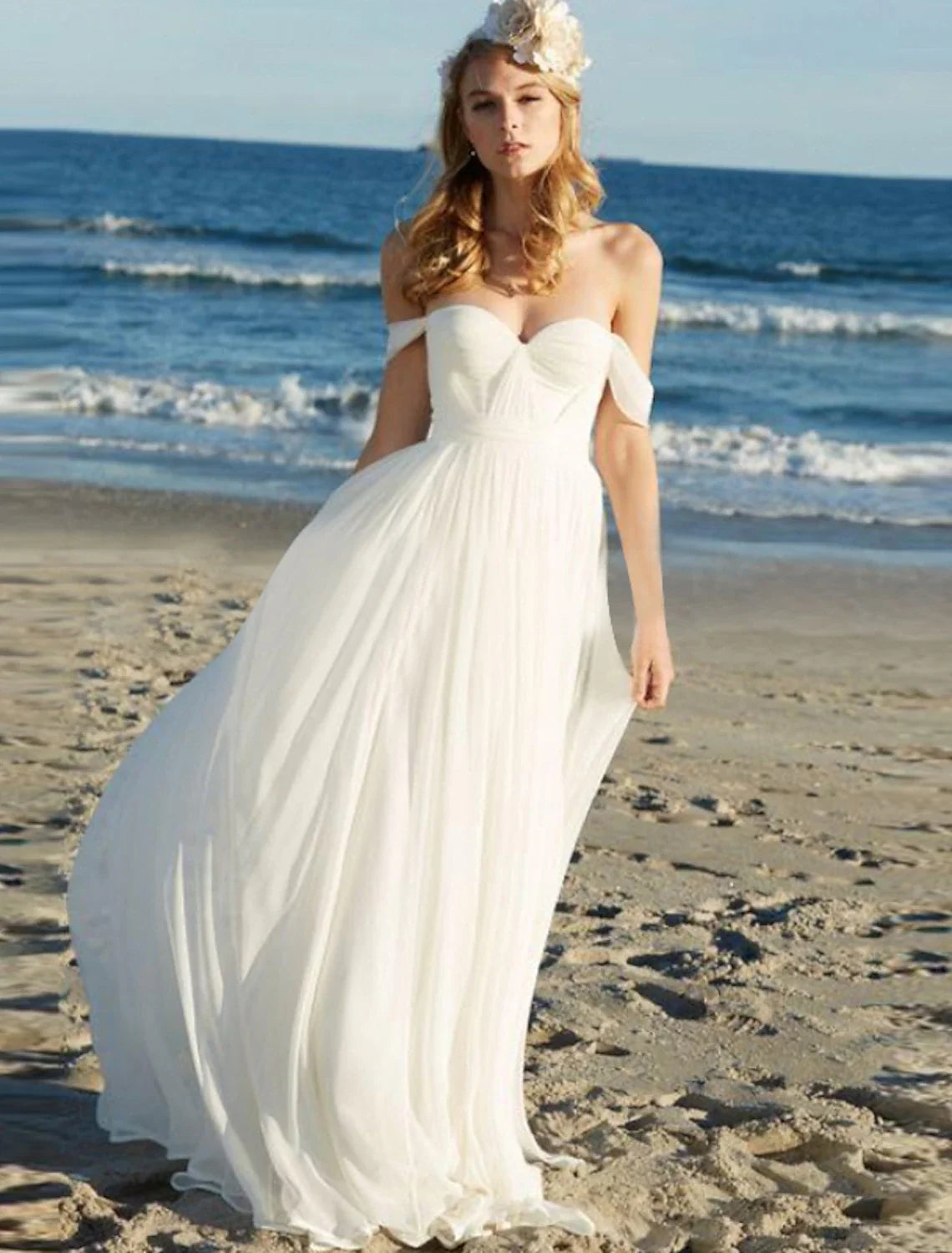 Beach Sexy Boho Wedding Dresses A-Line Off Shoulder Cap Sleeve Floor Length Chiffon Bridal Gowns With Pleats Solid Color 2025 Summer Wedding Party, Women's Clothing