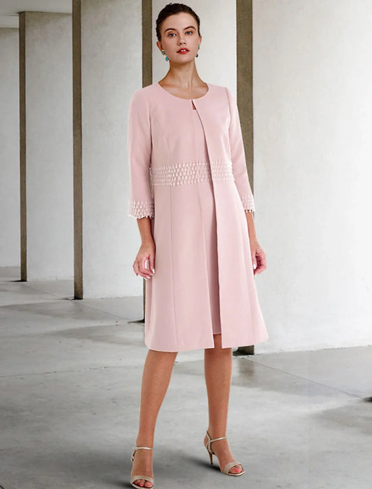 Two Piece Sheath / Column Mother of the Bride Dress Wedding Guest Church Elegant Jewel Neck Knee Length Fabric Short Sleeve Jacket Dresses with Beading Fall