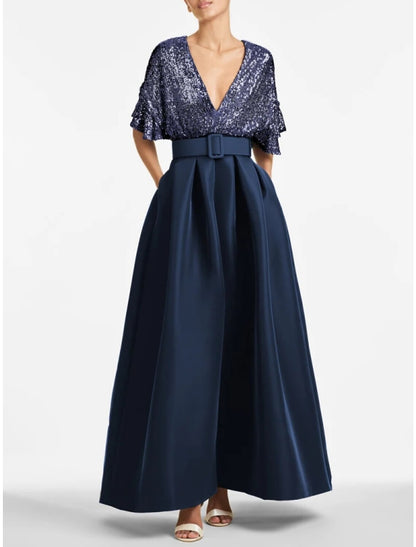 A-Line Evening Gown Sparkle & Shine Dress Formal Wedding Guest Ankle Length Half Sleeve V Neck Satin with Glitter Pleats 2026