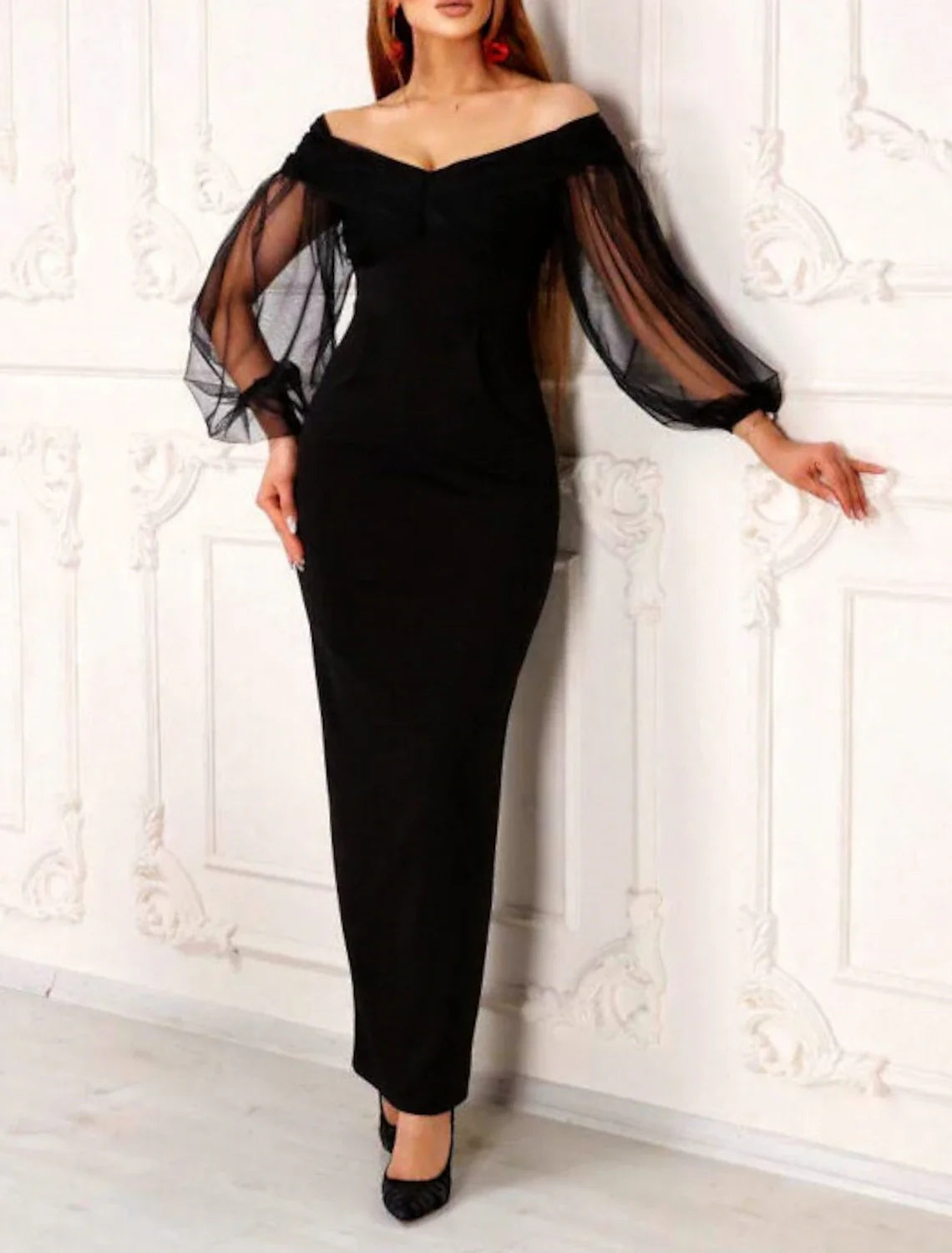 Mermaid Black Dress Evening Gown Gothic Dress Wedding Cocktail Party Floor Length Long Sleeve Off Shoulder Fabric with Ruched