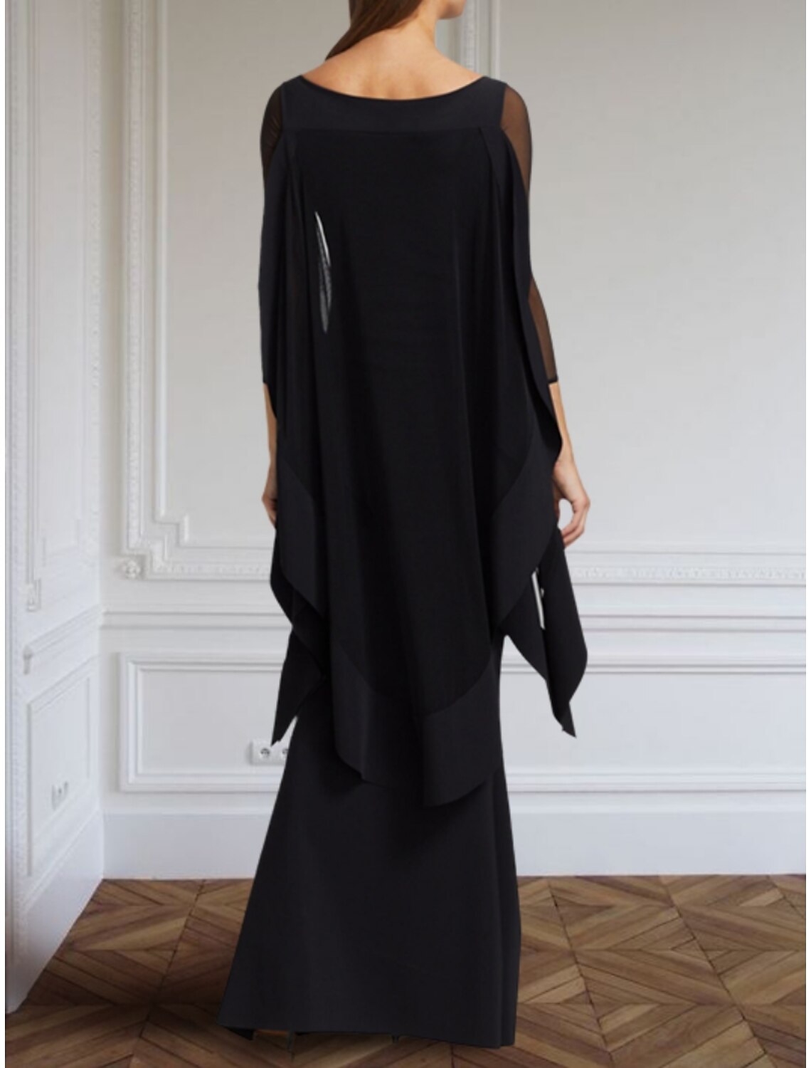Sheath Black Dress Evening Gown Elegant Dress Formal Floor Length Long Sleeve Scoop Neck Chiffon with Ruffles 2026
