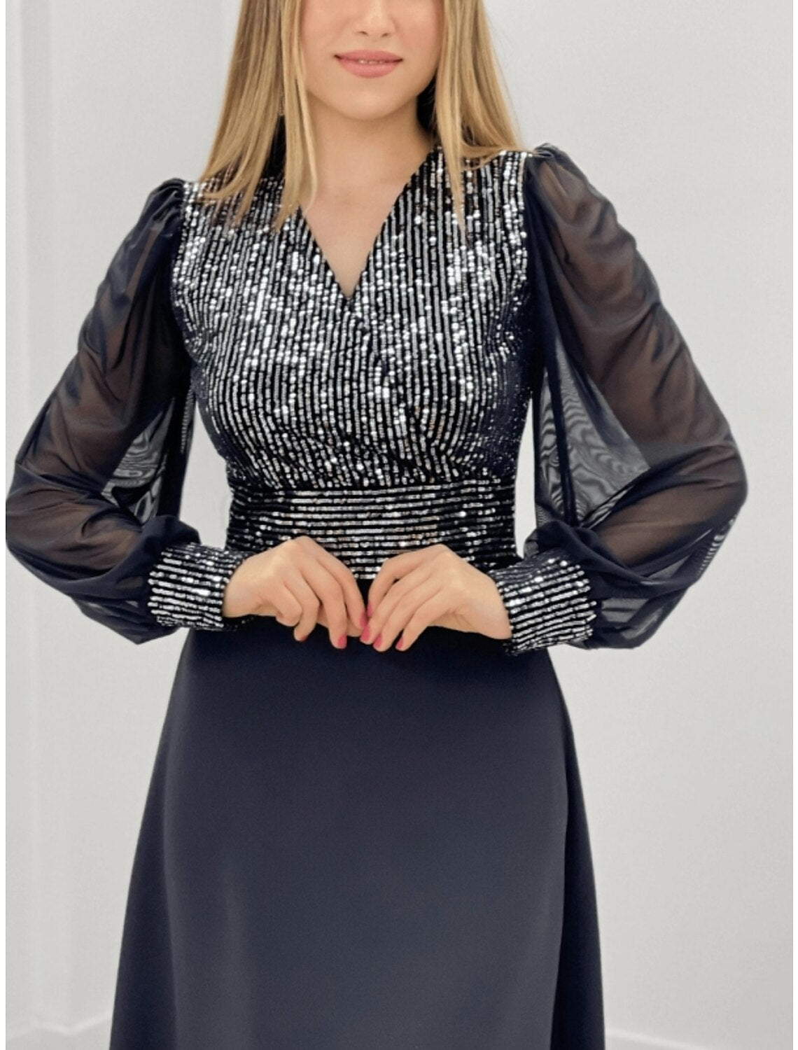A-Line Evening Gown Sparkle & Shine Dress Formal Wedding Guest Floor Length Long Sleeve V Neck Chiffon with Glitter Pleats