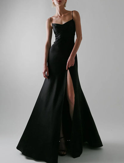 A-Line Evening Gown Sexy Dress Wedding Guest Prom Floor Length Sleeveless Spaghetti Strap Satin with Slit Pure Color 2026