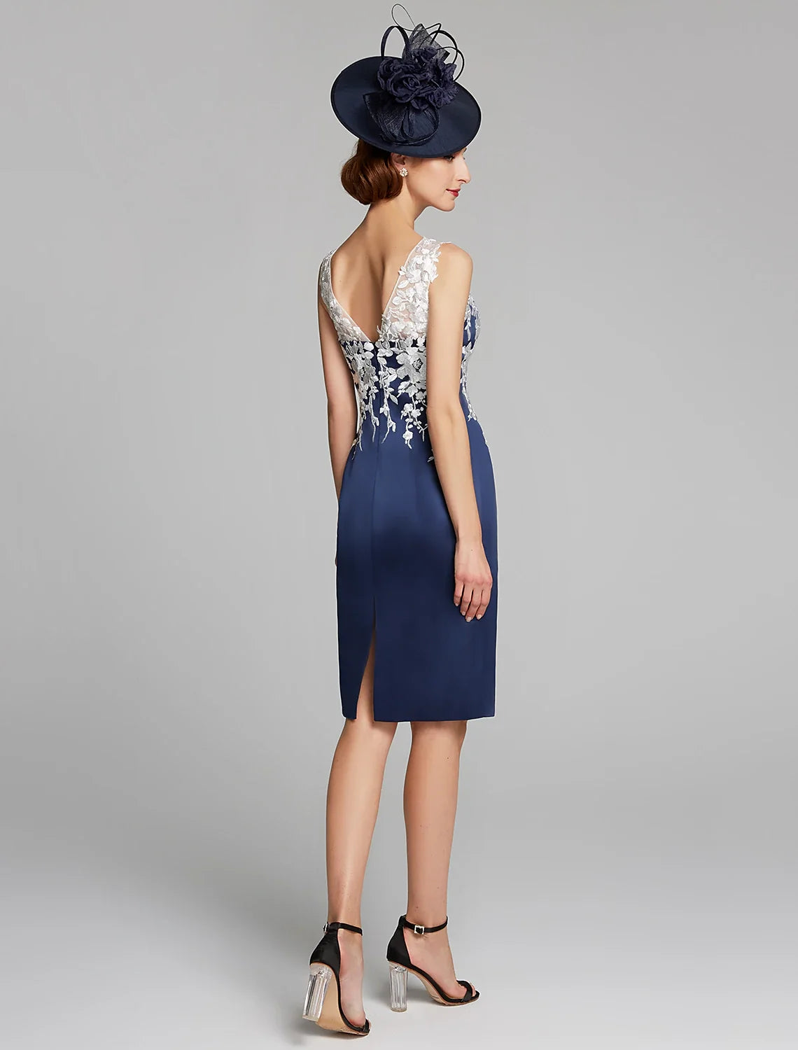 Sheath / Column Mother of the Bride Dress Wrap Included Jewel Neck Knee Length Satin Lace Sleeveless with Appliques