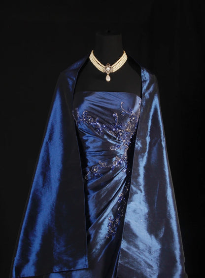 Vintage Ball Gowns Strapless Navy Blue Satin Long Prom Dress