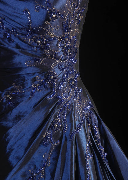 Vintage Ball Gowns Strapless Navy Blue Satin Long Prom Dress