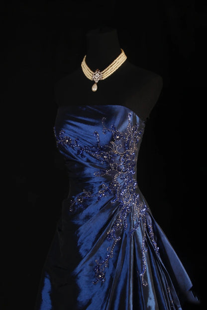 Vintage Ball Gowns Strapless Navy Blue Satin Long Prom Dress