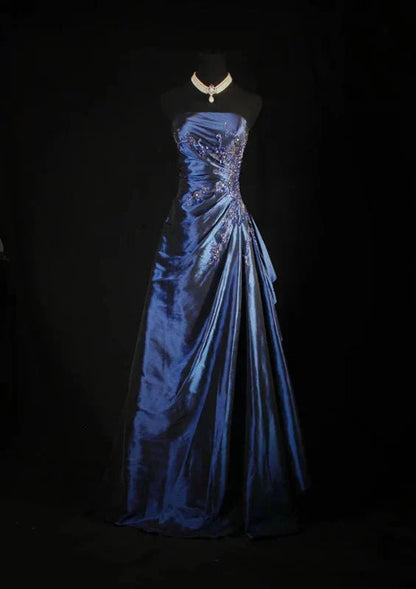 Vintage Ball Gowns Strapless Navy Blue Satin Long Prom Dress
