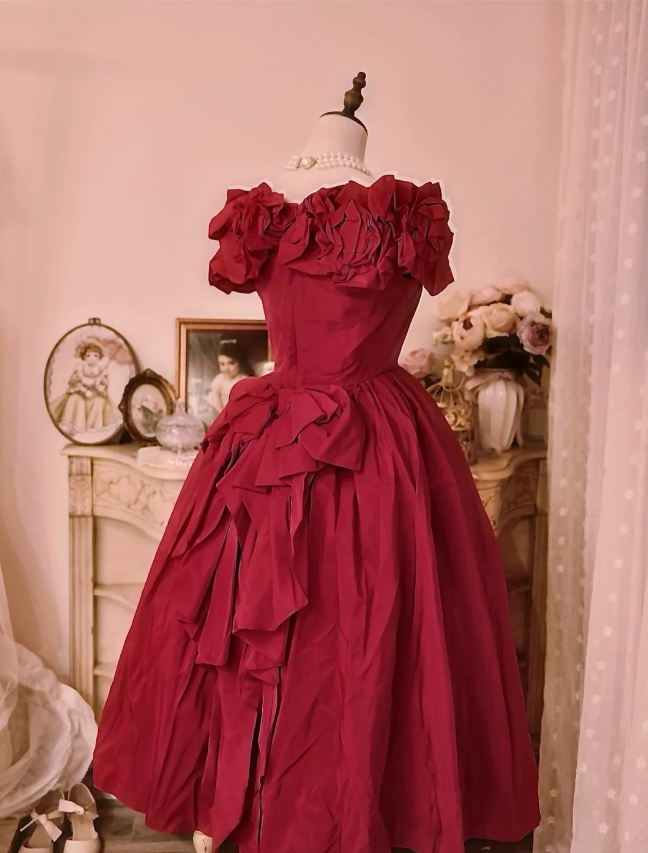 Vintage Court Red Bow Off-The-Shoulder Satin Ball Gown Evening Dresses